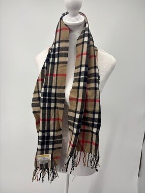 Plaid Wool-Blend Scarf in Beige, Black & Red